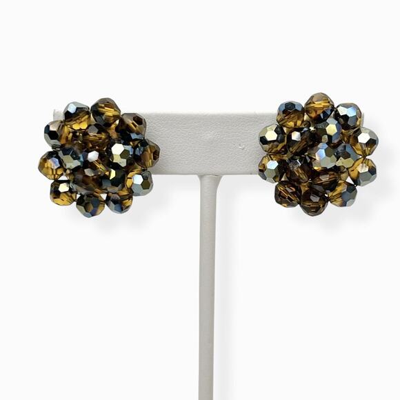 Vintage Brooch And Cluster Clip Earrings Brown AB Rhinestones Beads Gold Tone - Picture 5 of 13